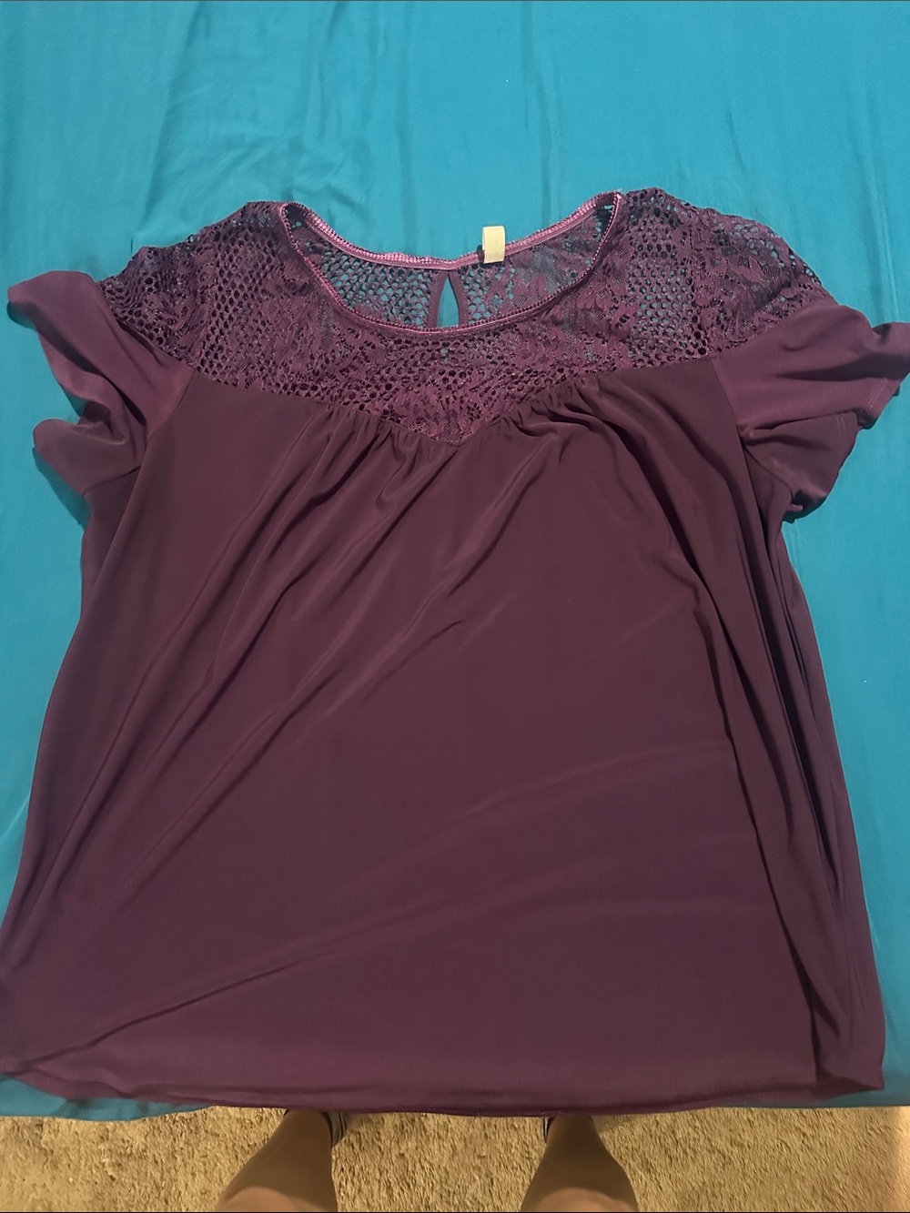 Perseption Lace Yoke Short Sleeve Blouse - Plum